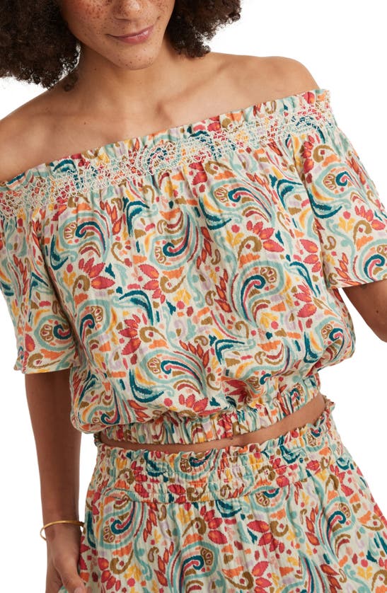 Shop Marine Layer Nora Smocked Off The Shoulder Cotton Top In Multi Paisley
