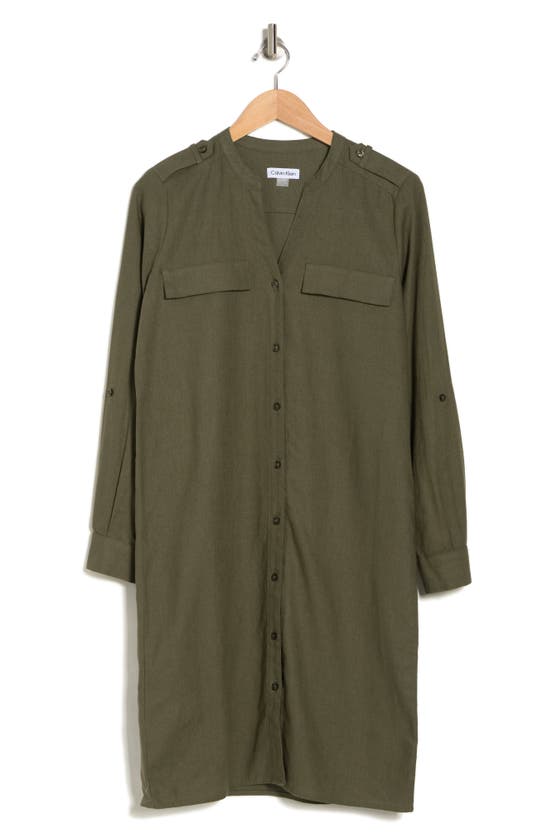 Shop Calvin Klein Front Button Long Sleeve Linen Blend Dress In Olive