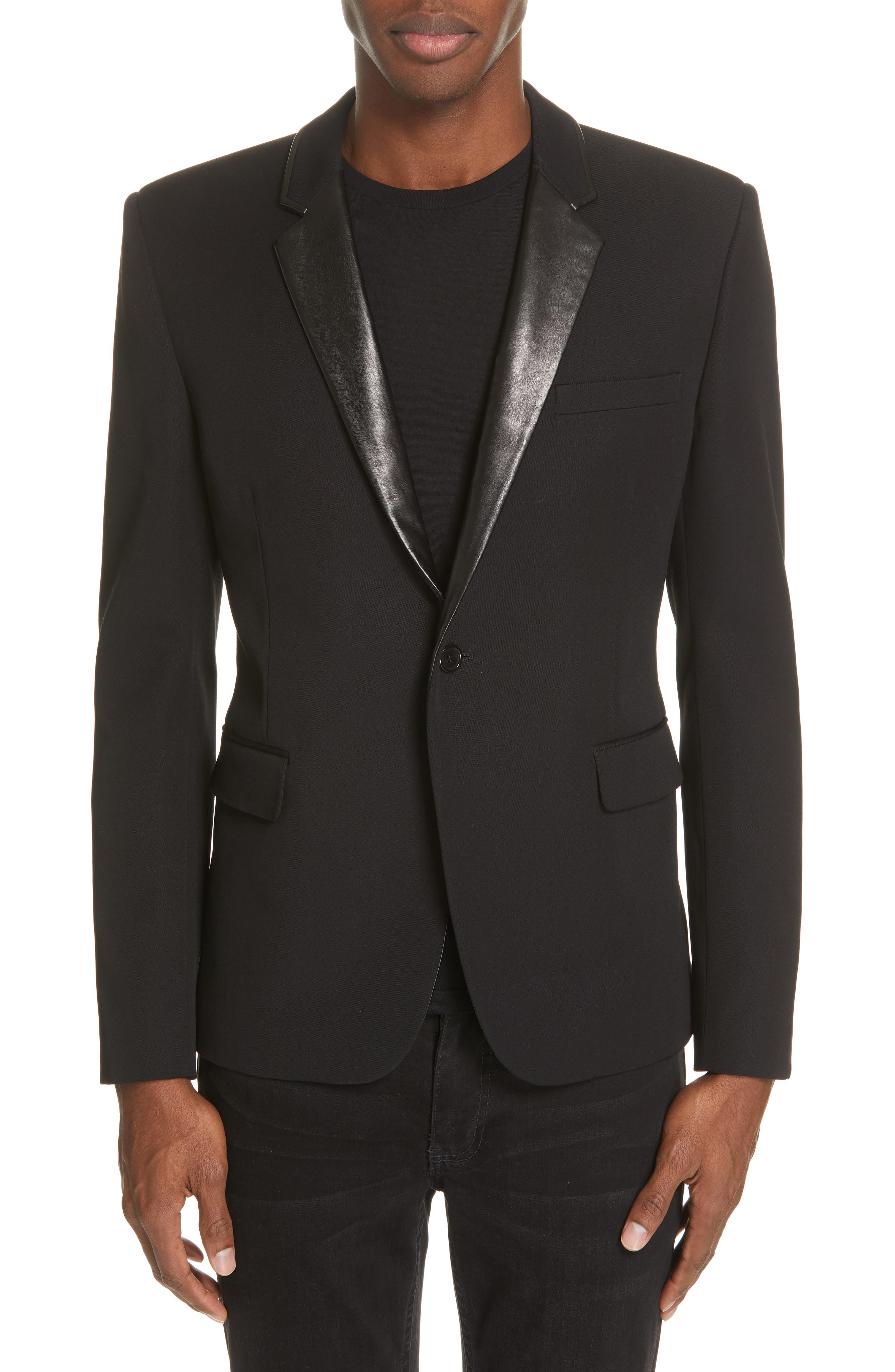 black blazer with leather trim