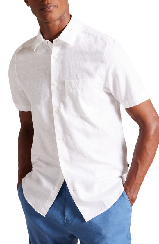 Ted Baker Short Sleeve Linen & Cotton Button-up Shirt In White