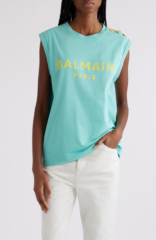 Balmain Cotton Logo Graphic Tank In Pale Green/aqua Multi