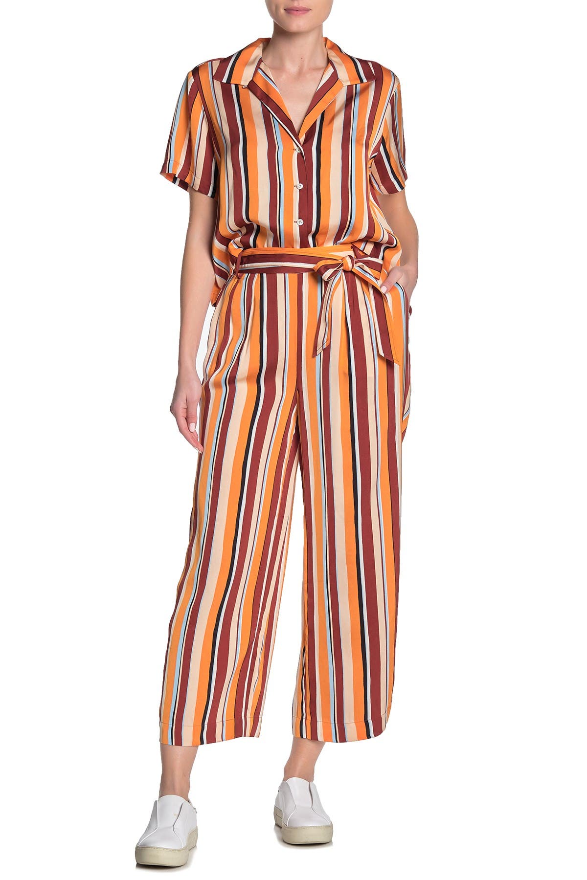 fashion striped side woven belt cropped casual pants