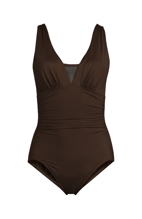 Shop Lands' End Long Slender Grecian Tummy Control Chlorine Resistant One Piece Swimsuit In Rich Coffee