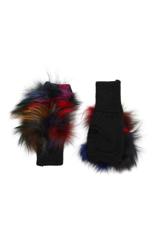 Click to view more detailed imagery on our partner's website Jocelyn Insomniac Knit & Genuine Fox Fur Open Finger Mittens In Dark Multi