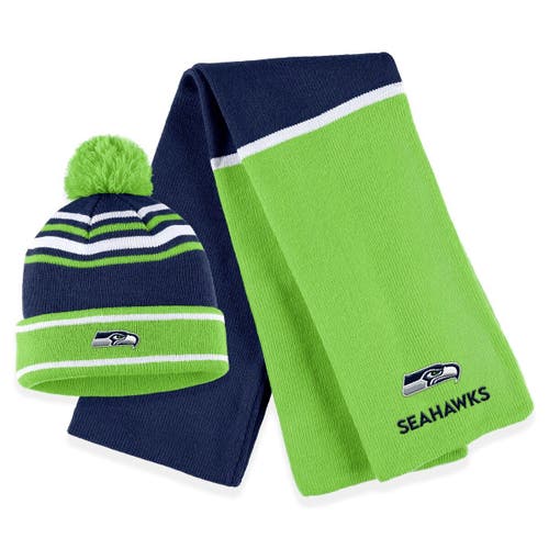 Women's WEAR by Erin Andrews College Navy Seattle Seahawks Colorblock Cuffed Knit Hat with Pom and Scarf Set