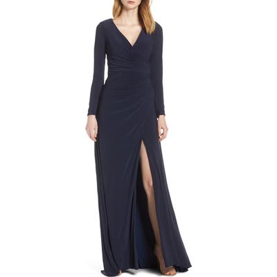 Ieena For MAC Duggal Long Sleeve Front Slit Jersey Gown, 0 (similar to 18W) - Blue