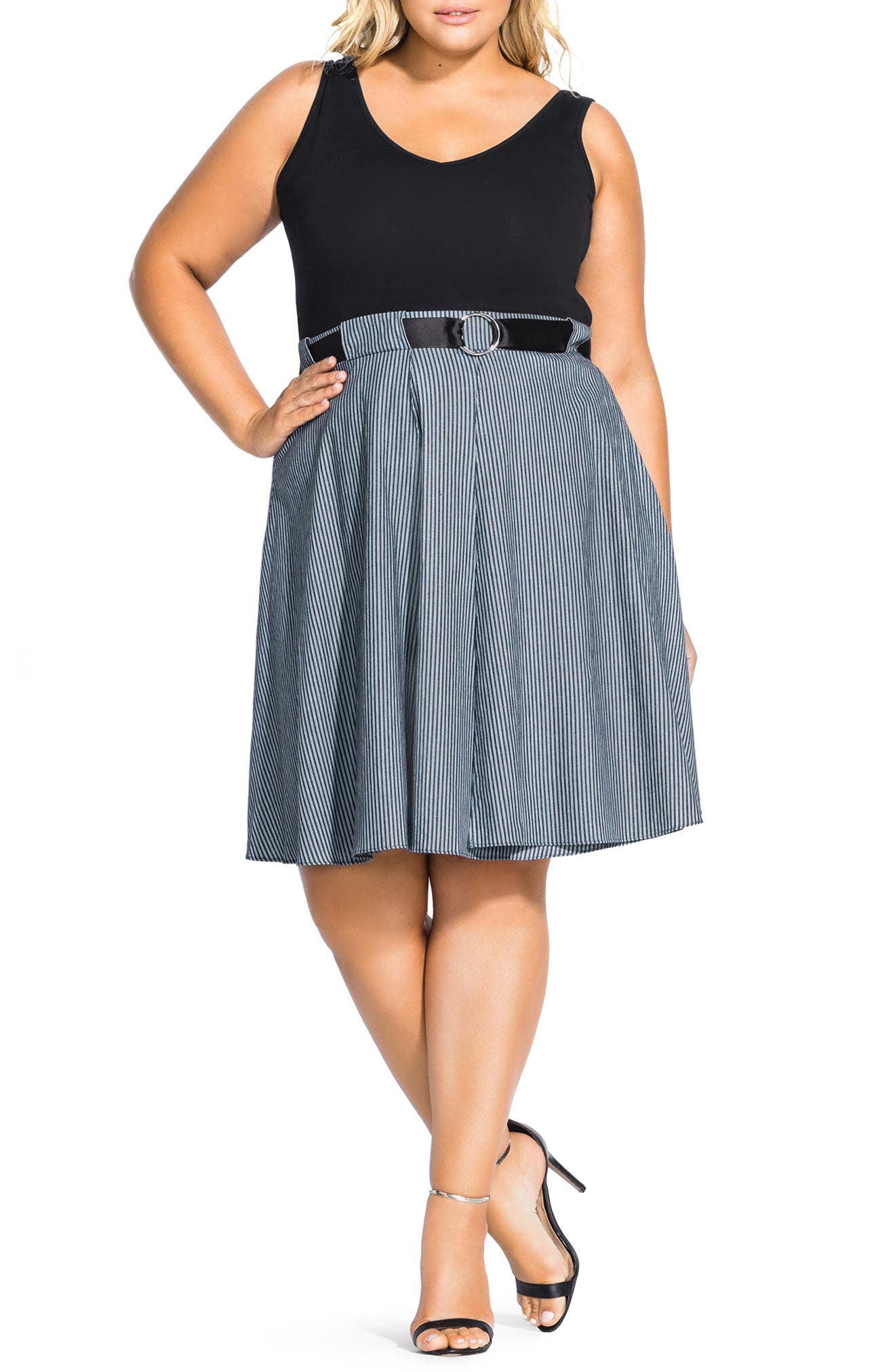 Plus Size City Chic Mix Media Belted Sleeveless Dress, Black