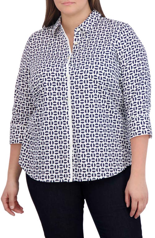 Foxcroft Charlie Geometric Print Cotton Button-Up Shirt White/Navy at Nordstrom