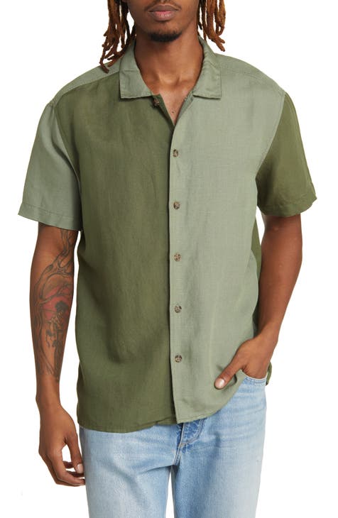Green Linen Blend Short Sleeve Tie Front Shirt