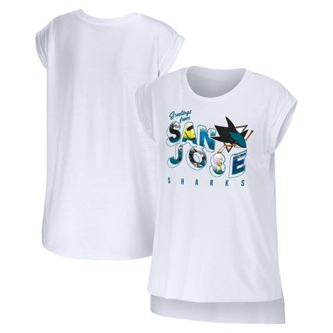 Women's WEAR by Erin Andrews White Carolina Panthers Greetings From Muscle  T-Shirt