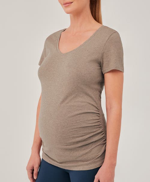 Pact Organic Maternity Ruched V-neck Tee In Stucco Heather