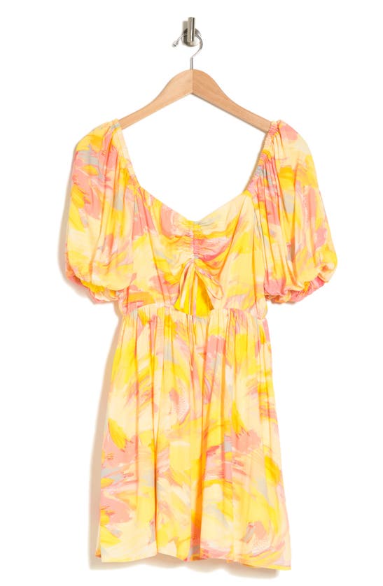 Adelyn Rae Puff Sleeve Fit & Flare Dress In Yellow Pink
