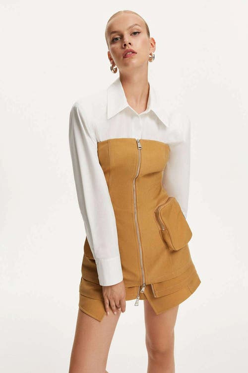 Nocturne Strapless Crop Top with Cargo Pocket in Camel at Nordstrom