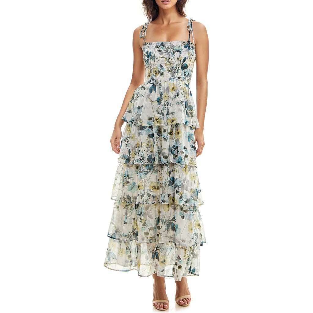 Socialite Floral Tiered Maxi Sundress In Ivory/teal