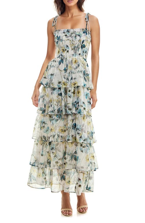 Floral Tiered Maxi Sundress in Ivory/Teal