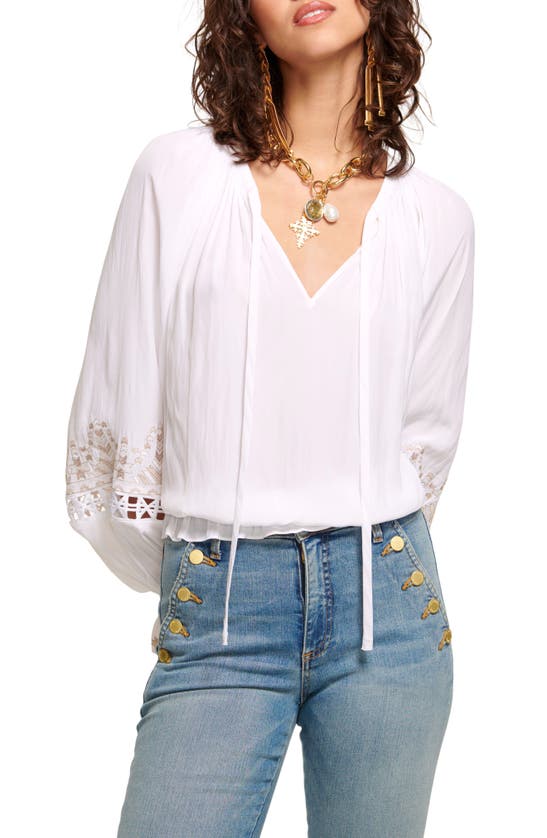 Shop Ramy Brook Alizee Embroidered Split Neck Blouse In Ivory