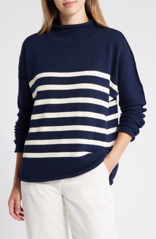 Shop Frank & Eileen Monterey Stripe Cotton Funnel Neck Sweater In Navy With Ivory Stripe