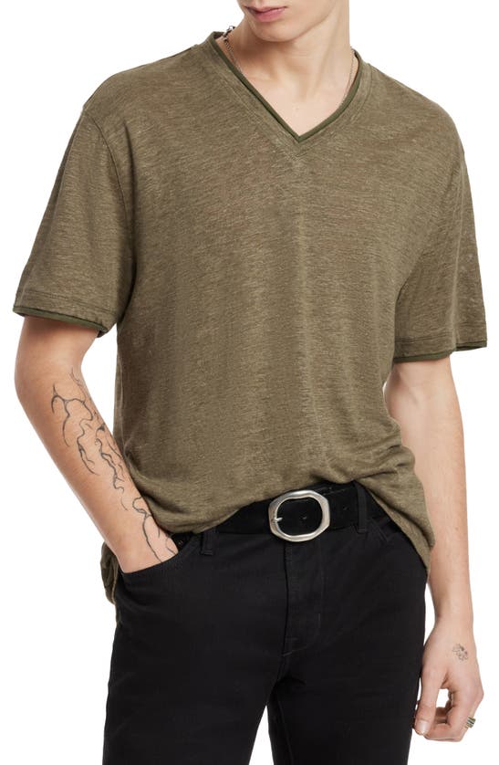 John Varvatos Wooster Regular Fit V-neck Linen T-shirt In Olive
