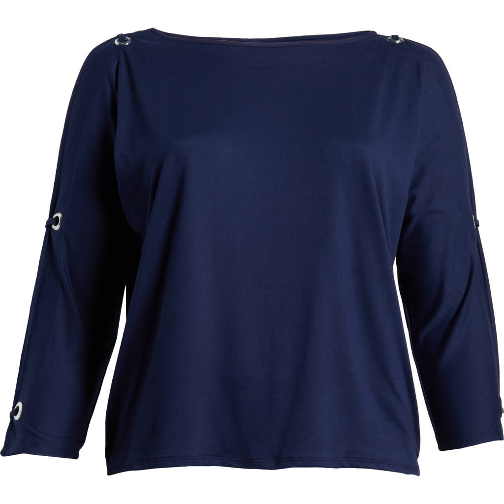 24seven Comfort Apparel Grommet Cold Shoulder Jersey Top In Navy