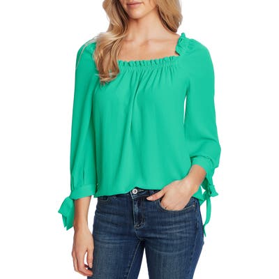 Cece Square Neck Tie Cuff Crepe Top, Green