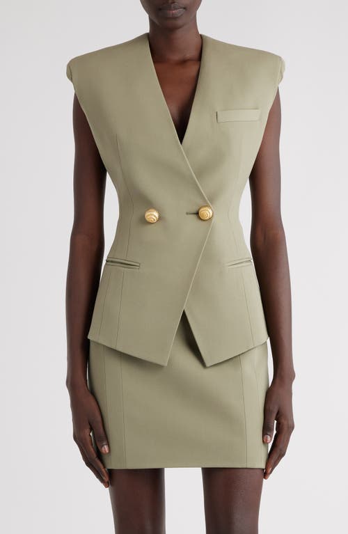 Shop Balmain Double Breasted Grain De Poudre Vest<br> In 7co Olive