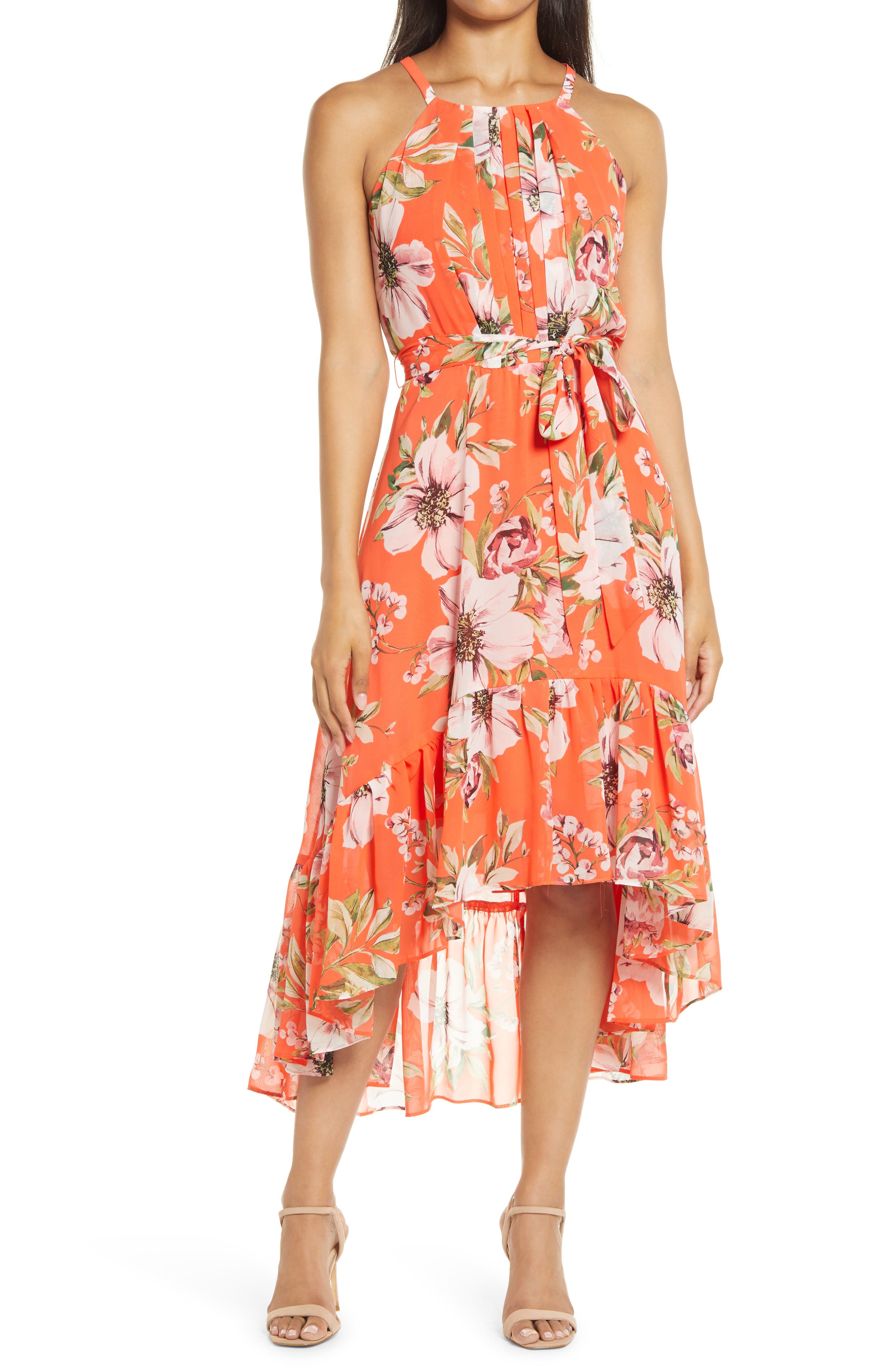 Vince Camuto Floral Chiffon Halter Dress In Poppy Multi