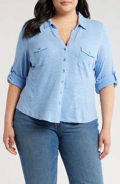 Shop Caslonr Caslon(r) Roll Sleeve Knit Button-up Shirt In Blue Cornflower