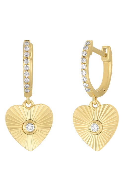 Diamond Fluted Heart Huggie Hoop Earrings in 14K Yellow Gold