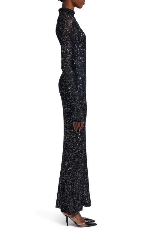 Shop Alaïa Semisheer Sequin Open Stitch Long Sleeve Maxi Dress In Marine/argent