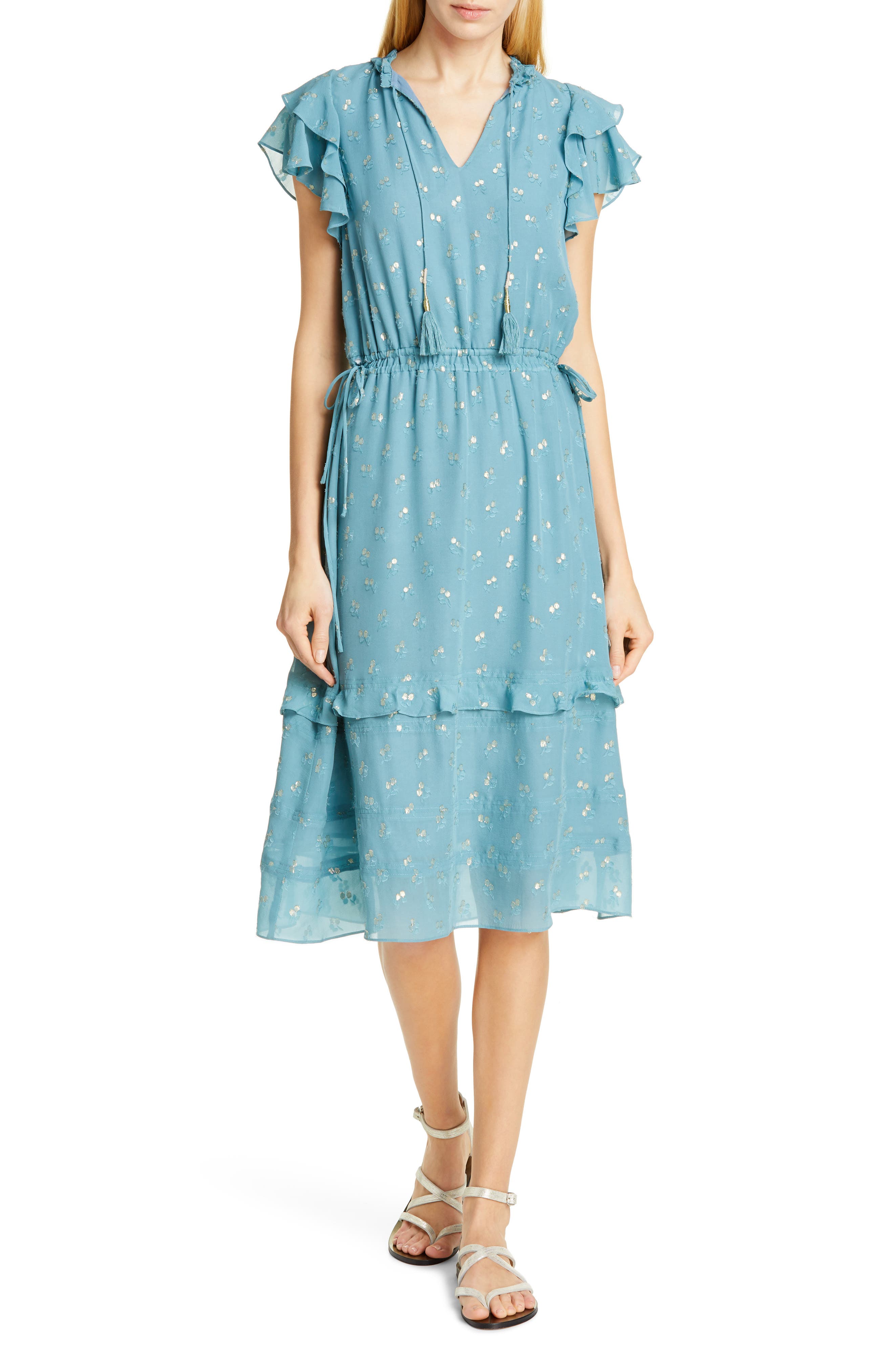 Dolan Jamie Tassel Tie Metallic Silk Jacquard Dress, Blue