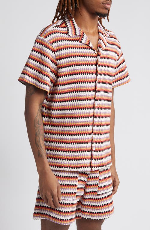 Shop Krost Stripe Pointelle Short Sleeve Knit Button-up Shirt In White Multi