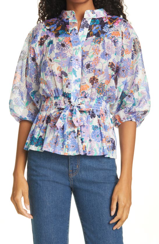 Click to view more detailed imagery on our partner's website Tanya Taylor Otis Floral Cotton Blouse In Mixed Meadow Ivory/ Navy