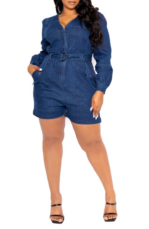 BUXOM COUTURE Utility Belted Long Sleeve Denim Romper Dark at Nordstrom, X