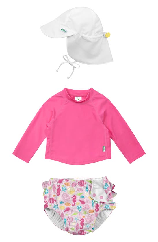 Green Sprouts Babies' Sun Hat, Long Sleeve Rashguard & Reusable Swim Diaper Set In Pink