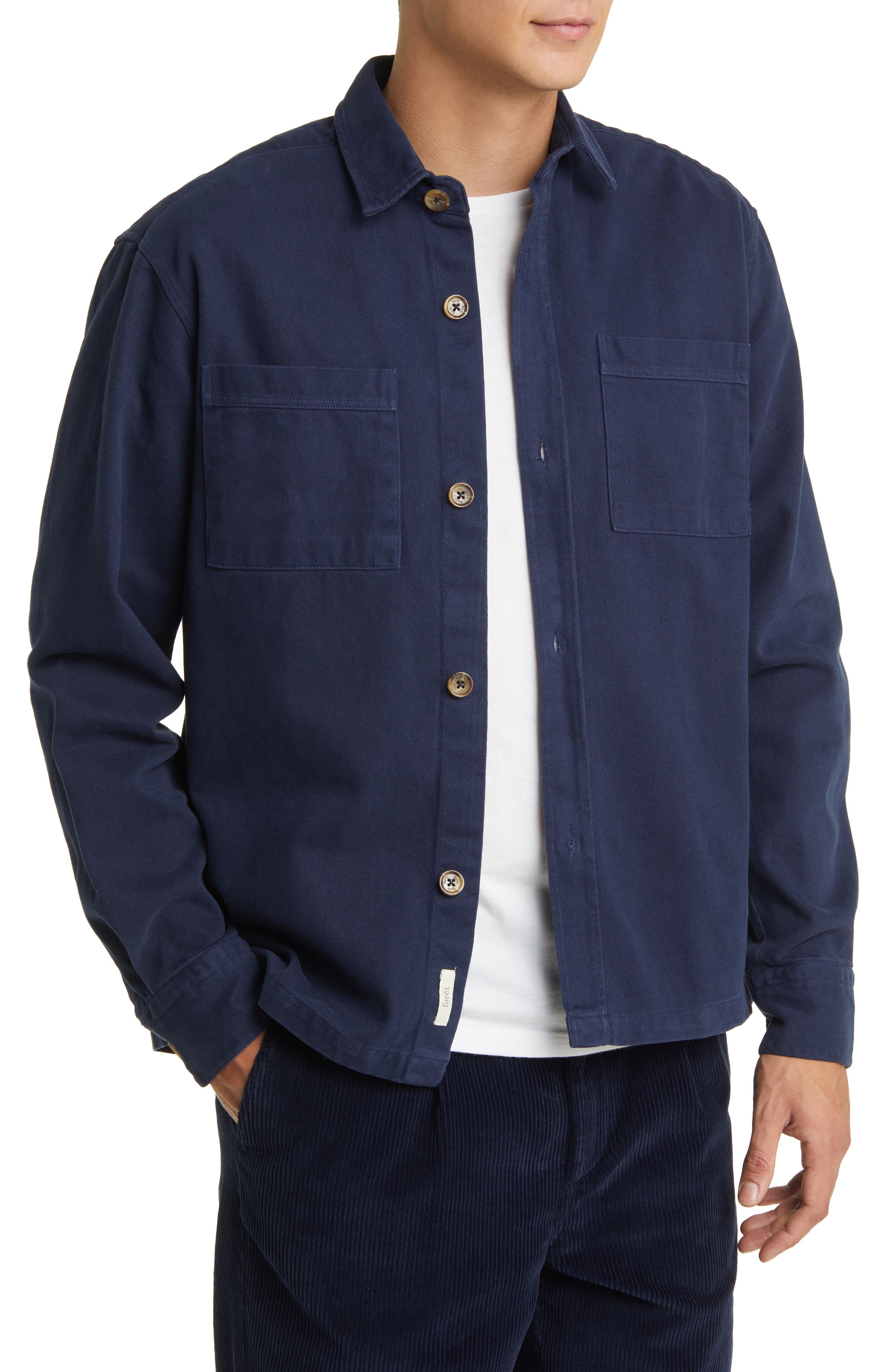 FORET Mellow Button-Up Organic Cotton Shirt Jacket in Navy