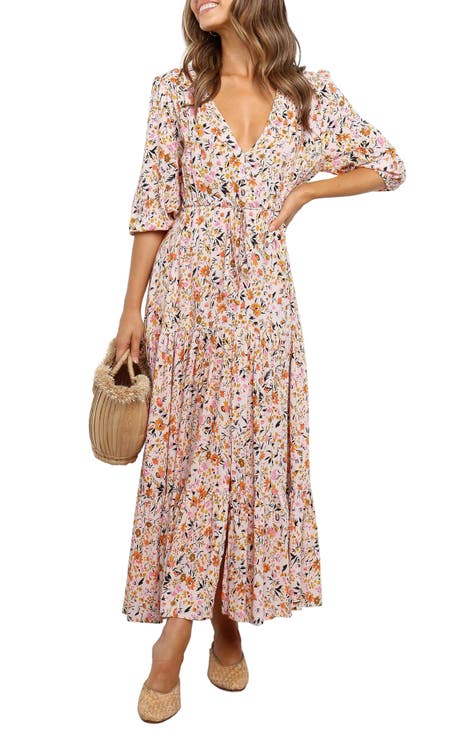 Lucky Brand midi/maxi dress sz L sand floral short sleeve casual