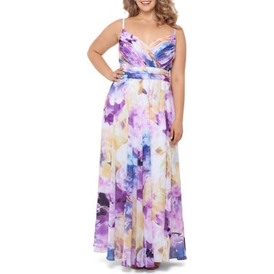 Plus Size Xscape Pleated Floral Chiffon A-Line Gown, Yellow