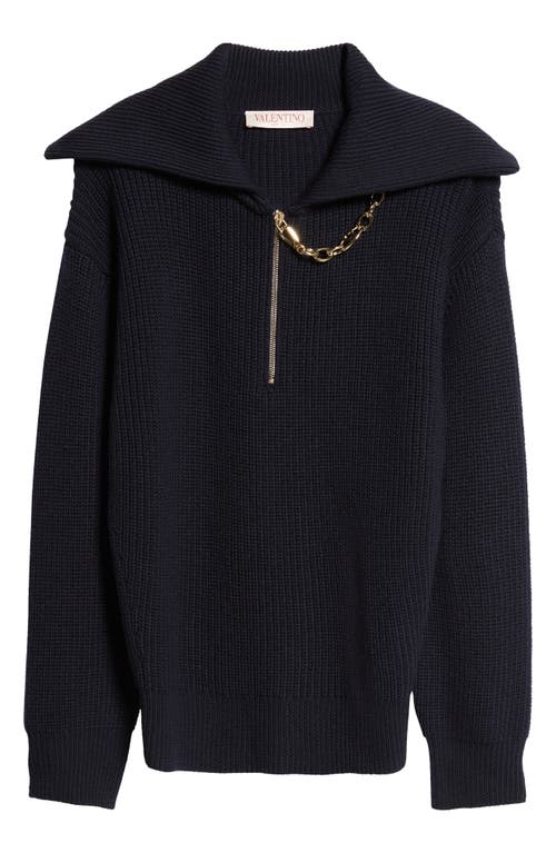 Shop Valentino Garavani Draped Chain Virgin Wool Half Zip Sweater In Navy