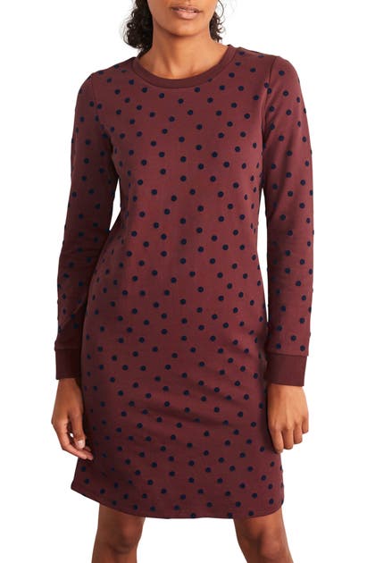 Click to view more detailed imagery on our partner's website Boden Crewneck Sweatshirt Dress In Maroon, Scattered Dot