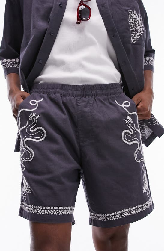 Shop Topman Embroidered Cotton & Linen Shorts In Navy