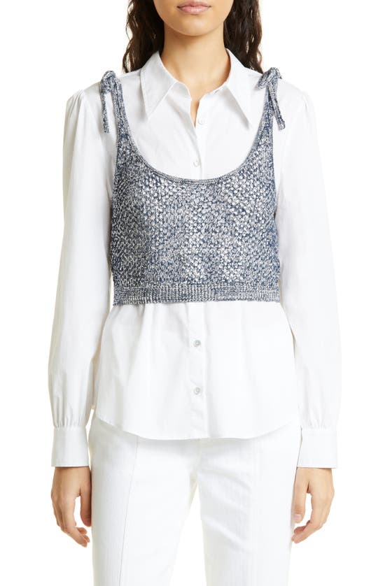 Shop Cinq À Sept Elodie Tie Strap Open Stitch Crop Sweater Tank In Navy/ White