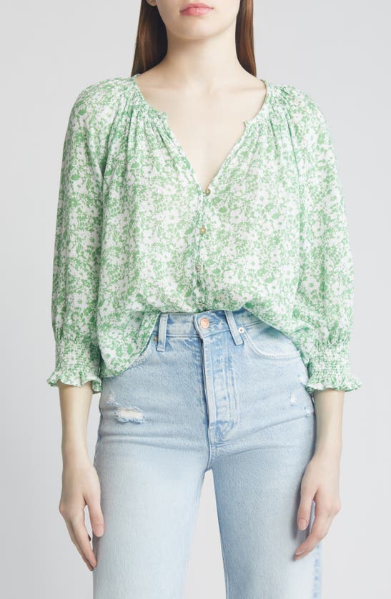 Shop Rails Mariah Floral Print Smocked Linen Blend Top In Green Texture Floral