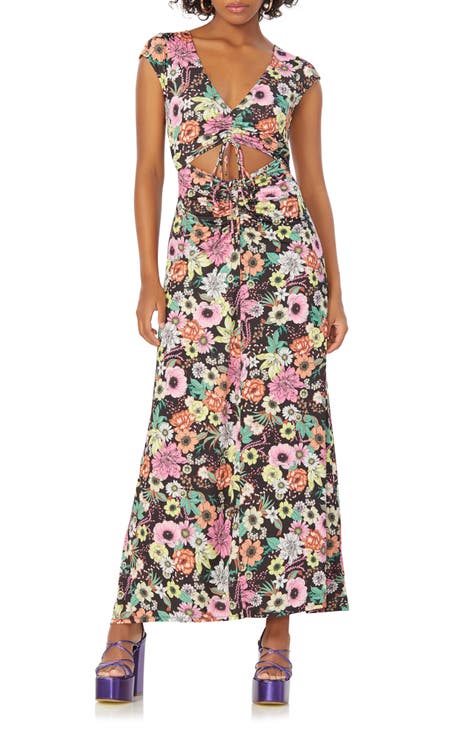 Lizette Floral Ruched Cutout Jersey Dress