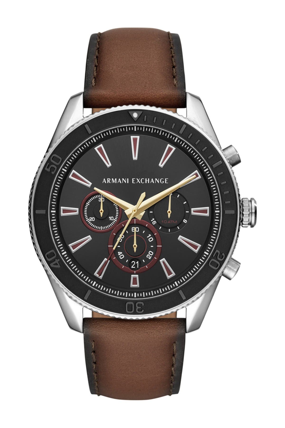 A I X Armani Exchange Enzo Leather Strap Watch, 46mm In Brown