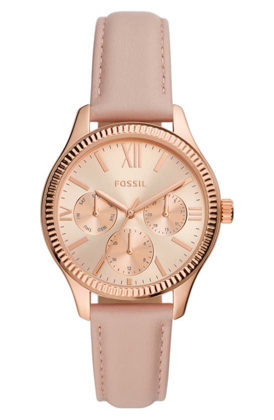Fossil Rye Multifunction Leather Strap Watch, 36mm In Rose Gold