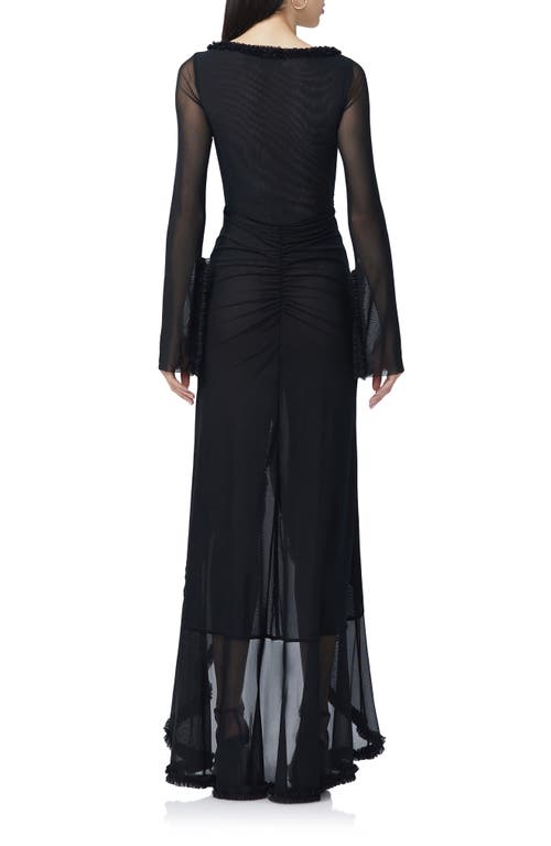 Shop Afrm Cat Ruched Semisheer Long Sleeve Cutout High-low Hem Maxi Dress In Noir