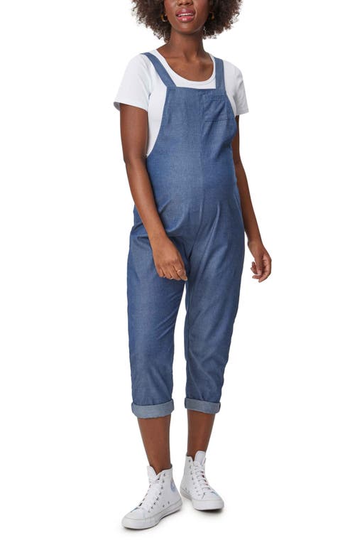 Shop Stowaway Collection Lightweight Crop Maternity Overalls In Denim/contrast Trim