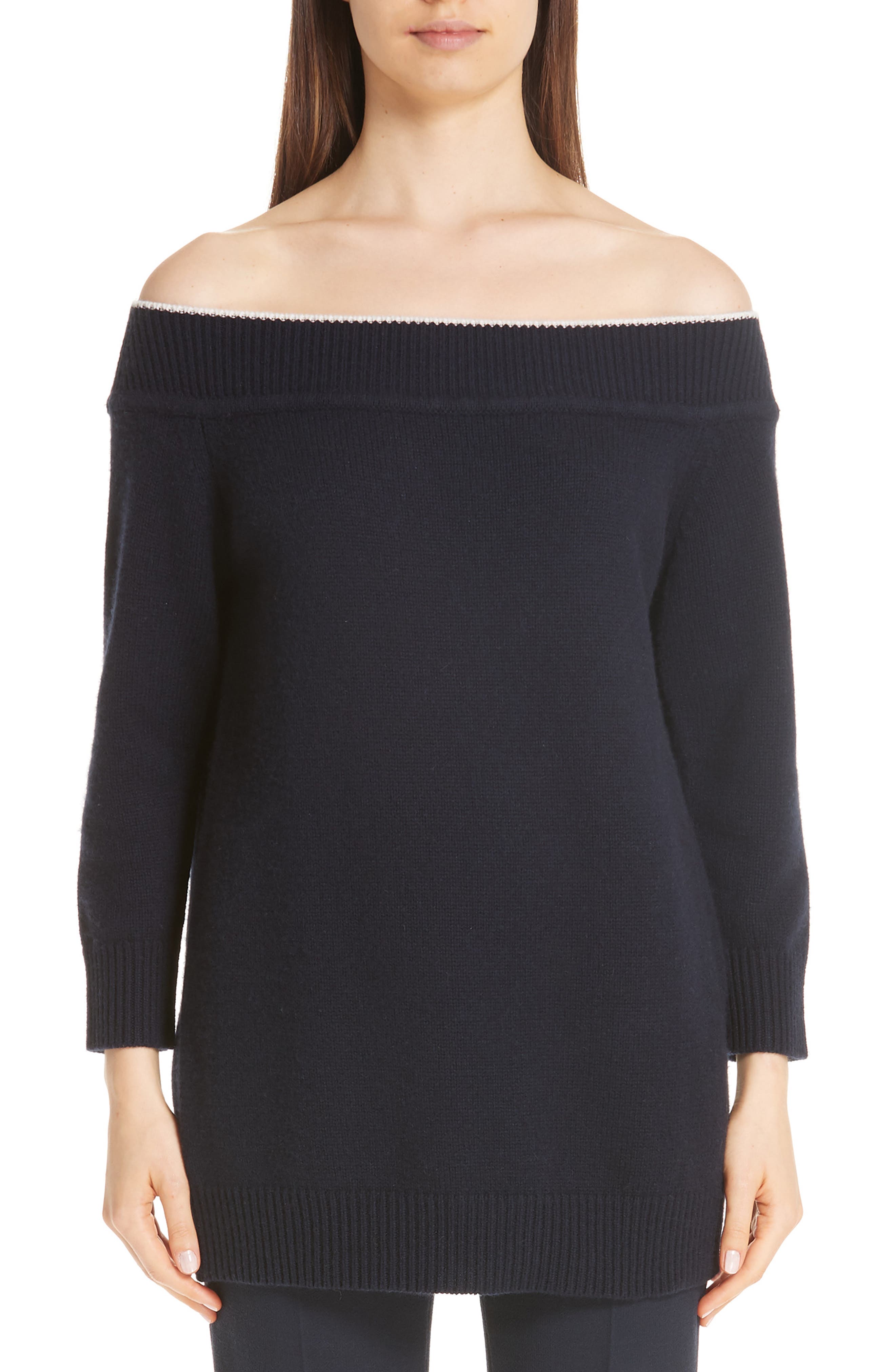 Lela Rose Contrast Neck Off The Shoulder Wool & Cashmere Sweater, Blue