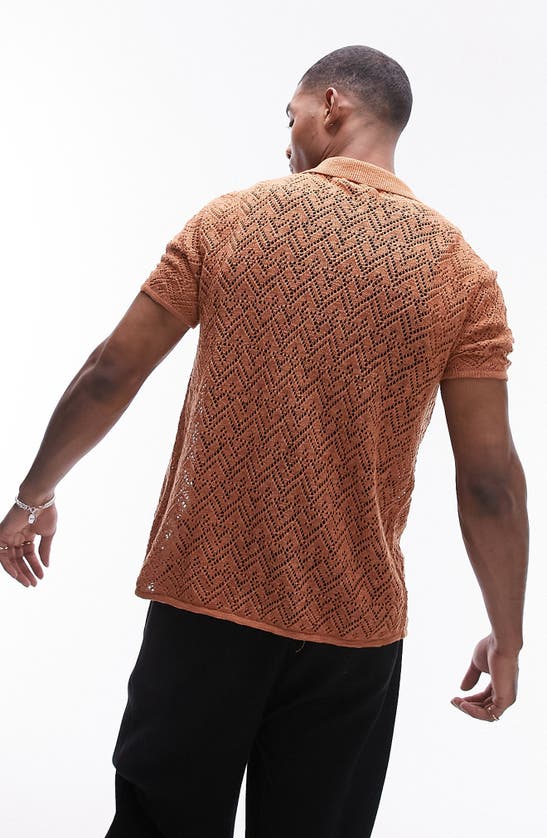 Shop Topman Zigzag Short Sleeve Cotton & Linen Pointelle Cardigan In Rust