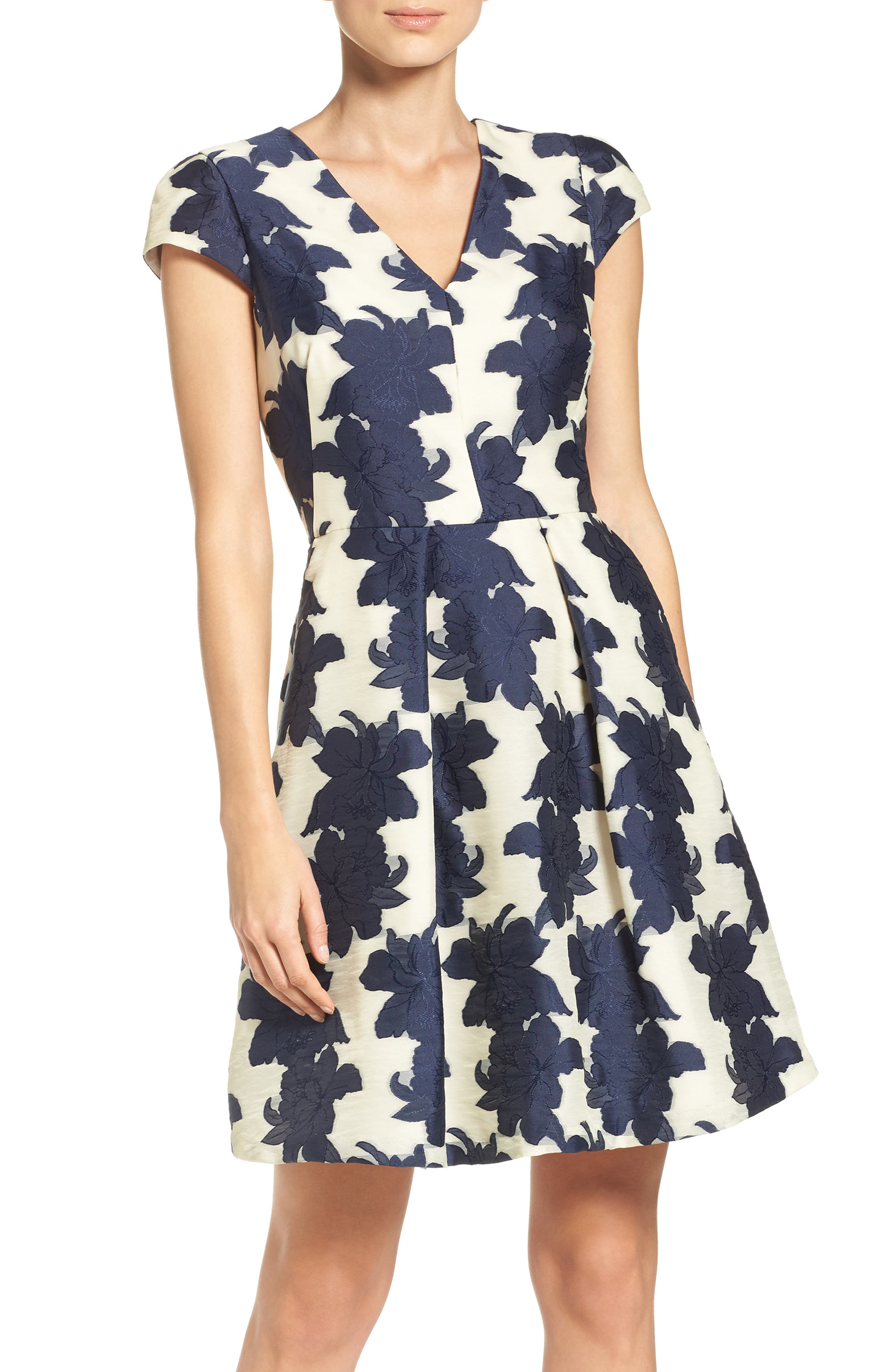 vince camuto embroidered floral fit & flare dress